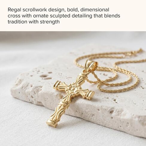 CROSS + CROWN Premium 14K Yellow Gold Cross Pendant in Regal Scroll Design, Durable Double-Bonded 14K Pendant for Necklace, Women & Mens Gold Cross for Chain, Handcrafted Religious Jewelry in the USA in Kuwait