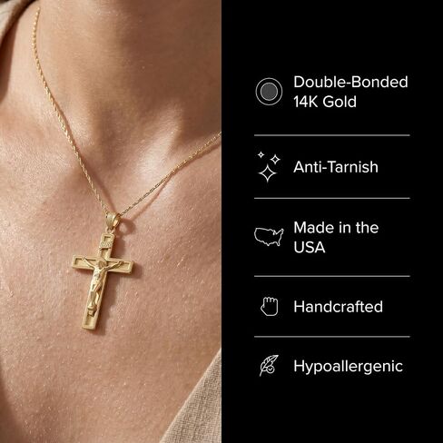 CROSS + CROWN 14K Gold Crucifix Necklace for Women & Men, Durable Double-Bonded 14K Yellow Gold Crucifix to Avoid Tarnishing, Authentic Crucifix Pendant for Men & Women, Handcrafted in the USA, XXL in Kuwait