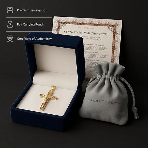 CROSS + CROWN 14K Gold Crucifix Necklace for Women & Men, Durable Double-Bonded 14K Yellow Gold Crucifix to Avoid Tarnishing, Authentic Crucifix Pendant for Men & Women, Handcrafted in the USA, XXL in Kuwait