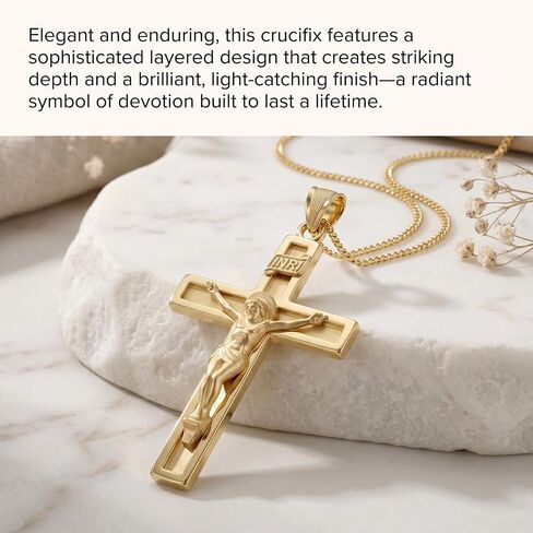 CROSS + CROWN 14K Gold Crucifix Necklace for Women & Men, Durable Double-Bonded 14K Yellow Gold Crucifix to Avoid Tarnishing, Authentic Crucifix Pendant for Men & Women, Handcrafted in the USA, XXL in Kuwait
