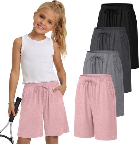 4 Pack Girls' Shorts 5-14Y Bermuda Knee Length Basketball Shorts Teen Drawstring Summer Kids Clothes with Pockets in Kuwait