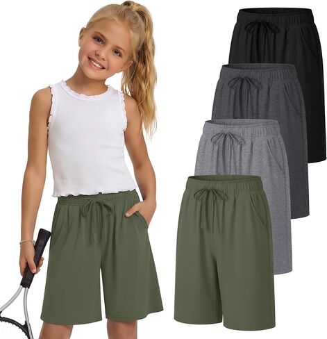 4 Pack Girls' Shorts 5-14Y Bermuda Knee Length Basketball Shorts Teen Drawstring Summer Kids Clothes with Pockets in Saudi Arabia