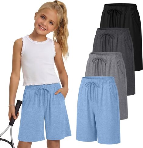 4 Pack Girls' Shorts 5-14Y Bermuda Knee Length Basketball Shorts Teen Drawstring Summer Kids Clothes with Pockets in Saudi Arabia