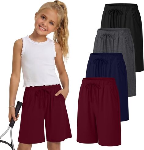 4 Pack Girls' Shorts 5-14Y Bermuda Knee Length Basketball Shorts Teen Drawstring Summer Kids Clothes with Pockets in Saudi Arabia