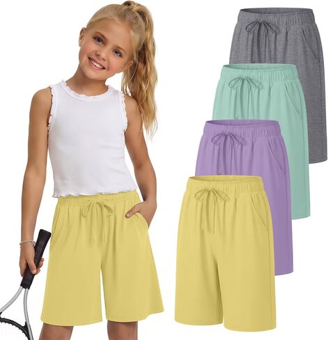 4 Pack Girls' Shorts 5-14Y Bermuda Knee Length Basketball Shorts Teen Drawstring Summer Kids Clothes with Pockets in Saudi Arabia