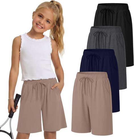 4 Pack Girls' Shorts 5-14Y Bermuda Knee Length Basketball Shorts Teen Drawstring Summer Kids Clothes with Pockets in Saudi Arabia