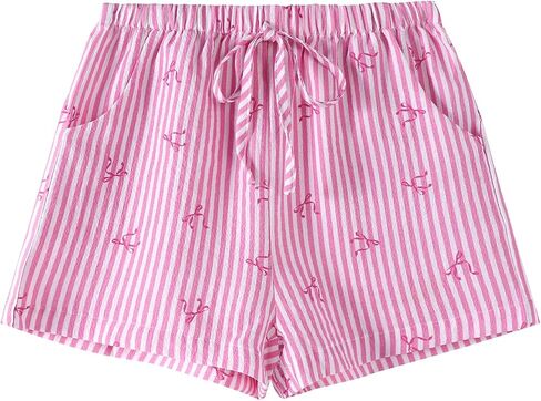 Girls Striped Shorts Cute Bow Graphic Elastic High Waist Wide Leg Pants with Decorative Tie in Kuwait