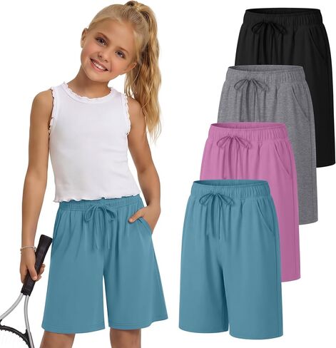 4 Pack Girls' Shorts 5-14Y Bermuda Knee Length Basketball Shorts Teen Drawstring Summer Kids Clothes with Pockets in Saudi Arabia
