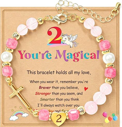Birthday Number Cross Bracelet for Girls Ages 1-8, Strawberry Quartz & Pearl Beaded Bracelet with Gold-tone Cross & Heart Number, Adjustable Clasp Bracelet, Silver Gift Box in Kuwait