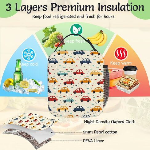 Insulated Lunch Bag,Colorful Cars Durable Lightweight Lunch Box for Kids,Cartoon Vehicle Portable Thermal Picnic Cool Bags Girls Boys School Daycare,Work,Camping in Saudi Arabia