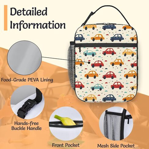 Insulated Lunch Bag,Colorful Cars Durable Lightweight Lunch Box for Kids,Cartoon Vehicle Portable Thermal Picnic Cool Bags Girls Boys School Daycare,Work,Camping in Saudi Arabia