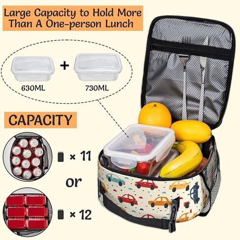 Insulated Lunch Bag,Colorful Cars Durable Lightweight Lunch Box for Kids,Cartoon Vehicle Portable Thermal Picnic Cool Bags Girls Boys School Daycare,Work,Camping in Saudi Arabia