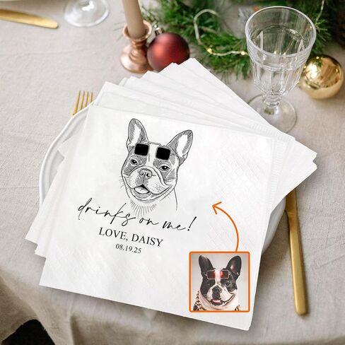 GODMERCH Luxury Dog Illustrated Wedding Napkins - Personalized Pet Lovers Napkins, Custom Cocktail Napkin for Reception, Bridal Shower, Bar, Engagement, Party, Beverage, Luncheon, Christmas in Saudi Arabia