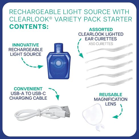 Bionix - Rechargeable Light Source + ClearLook Variety Pack Starter System (Single-Use, 50 Count) | Reusable & USB-C Rechargeable LED Light Source to Enhance Cerumen Removal Visibility in Saudi Arabia