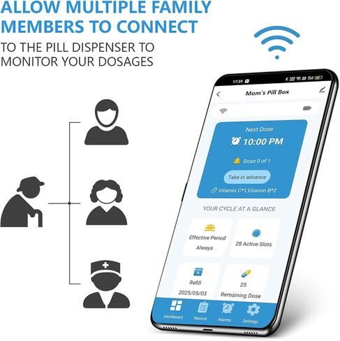 Smart WiFi Automatic Pill Dispenser with App, Locked Medication Organizer for Elderly - Tracks Adherence History, 28 Slots, Sound/Light/APP Alerts, Up to 9 Alarms/Day, for Vitamins, Supplements in Saudi Arabia