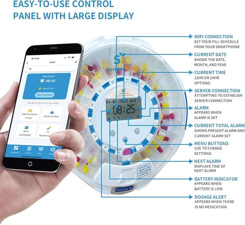 Smart WiFi Automatic Pill Dispenser with App, Locked Medication Organizer for Elderly - Tracks Adherence History, 28 Slots, Sound/Light/APP Alerts, Up to 9 Alarms/Day, for Vitamins, Supplements in Saudi Arabia