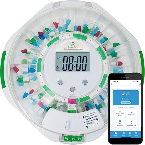 Bluetooth Automatic Pill Dispenser for Seniors – 28-Day Medication Organizer with App Setup, Locking Lid with Keys, Programmable Audio/Visual Alerts for Dementia & Chronic Care in Saudi Arabia