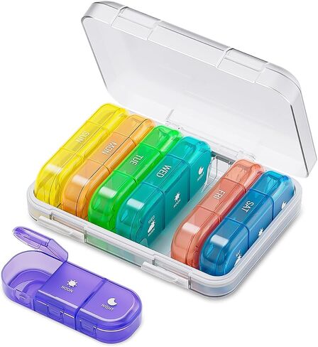 ONTERATE Weekly Pill Organizer 3 Times a Day, Large Pill Organizer 7 Days, Portable Pill Case 21 Days, Moisture Proof Large Pill Dispenser, Travel Pill Box for Vitamins Fish Oil Supplements (Colorful) in Kuwait