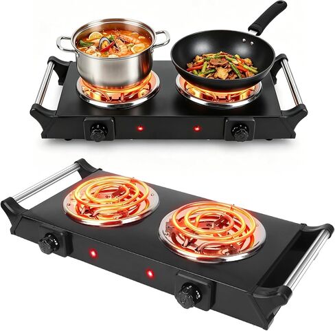 Electric Charcoal Burner Stove, 500W Single Coil Hot Plate Starter with Grill Tongs, 5-Level Temp, Smart Heat Control & Stainless Steel Fast Heating for Cooking top Countertop (3890 Double Black) in Kuwait