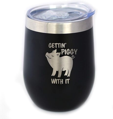 Bevvee Gettin Piggy - كوب نبيذ زجاجي مع غطاء منزلق - كوب معزول من الفولاذ المقاوم للصدأ - هدايا ديكور خنزير لطيفة - وردي in Kuwait