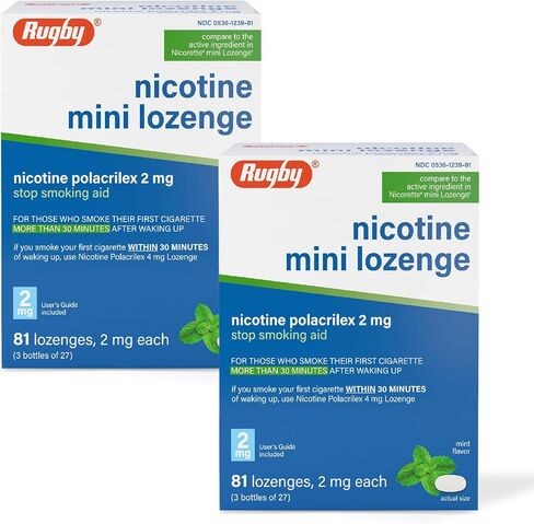 Rugby Nicotine Polacrilex 2 mg Mini Lozenge - Mint Flavor, Quit Smoking and Vaping Aid, 81 Count (3 Bottles of 27) (2 Pack) in Kuwait