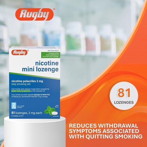 Rugby Nicotine Polacrilex 2 mg Mini Lozenge - Mint Flavor, Quit Smoking and Vaping Aid, 81 Count (3 Bottles of 27) (2 Pack) in Kuwait
