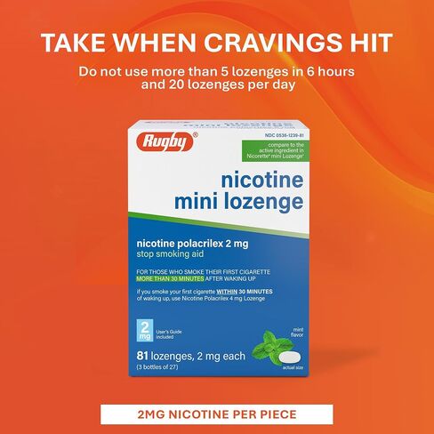 Rugby Nicotine Polacrilex 2 mg Mini Lozenge - Mint Flavor, Quit Smoking and Vaping Aid, 81 Count (3 Bottles of 27) (2 Pack) in Kuwait
