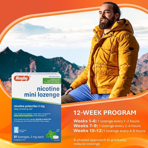 Rugby Nicotine Polacrilex 2 mg Mini Lozenge - Mint Flavor, Quit Smoking and Vaping Aid, 81 Count (3 Bottles of 27) (2 Pack) in Kuwait