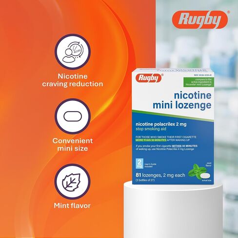 Rugby Nicotine Polacrilex 2 mg Mini Lozenge - Mint Flavor, Quit Smoking and Vaping Aid, 81 Count (3 Bottles of 27) (2 Pack) in Kuwait