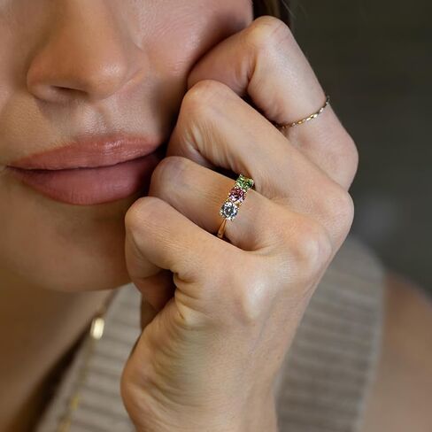 JEWLR Radiant Trinity Ring - Custom Personalized Solid Gold 10K, 14K or Sterling Silver 3-Stone Birthstone Family Ring, Gift for Anniversary and Mother's Day in Kuwait