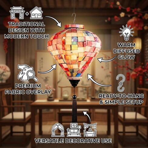 12" Color Matching Grid Chinese Cloth Lantern, Traditional Festival Hanging Lampshade, Decorative Paper Lantern with Fabric Overlay for Home Wedding Party Decoration in Kuwait