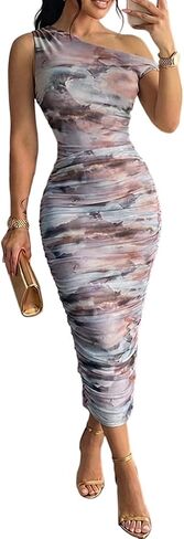 CHICME Midi Dresses for Women One Shoulder Summer Dress Tie-dye Ruched Mesh Bodycon Cocktail Dress Wedding Guest Vacation in Kuwait
