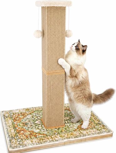 Tall Cat Scratching Post for Indoor Cats Adults, 33'' Large Cat Scratch Post with Perch, Cute Cat Scratching Post with Boho Carpet ＆ Dangling Ball Toys, White in Saudi Arabia