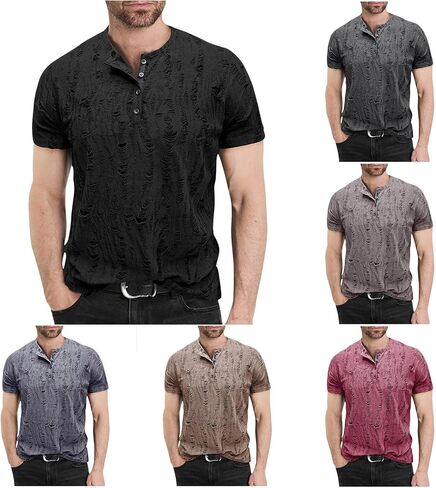 Mens Distressed Hole Henley Shirts Short Sleeve Shirts Hipster Hip Hop Tshirt Summer Tops Soft Cmofy Fashion Clothes in Saudi Arabia