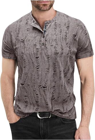 Mens Distressed Hole Henley Shirts Short Sleeve Shirts Hipster Hip Hop Tshirt Summer Tops Soft Cmofy Fashion Clothes in Saudi Arabia