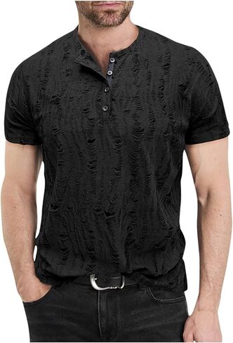 Mens Distressed Hole Henley Shirts Short Sleeve Shirts Hipster Hip Hop Tshirt Summer Tops Soft Cmofy Fashion Clothes in Saudi Arabia