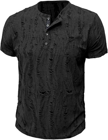 Mens Distressed Hole Henley Shirts Short Sleeve Shirts Hipster Hip Hop Tshirt Summer Tops Soft Cmofy Fashion Clothes in Saudi Arabia