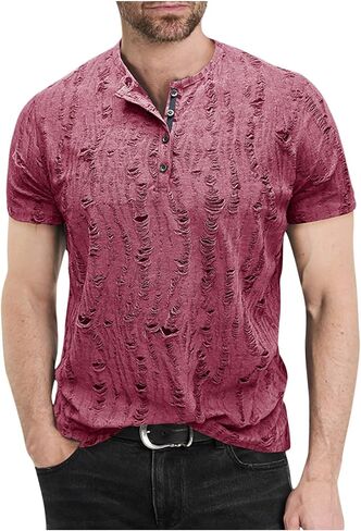 Mens Distressed Hole Henley Shirts Short Sleeve Shirts Hipster Hip Hop Tshirt Summer Tops Soft Cmofy Fashion Clothes in Saudi Arabia