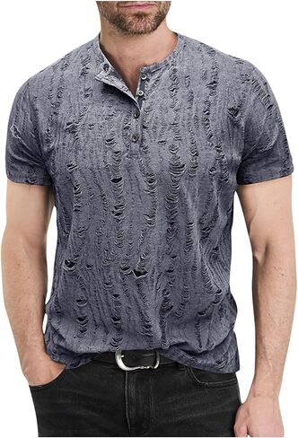 Mens Distressed Hole Henley Shirts Short Sleeve Shirts Hipster Hip Hop Tshirt Summer Tops Soft Cmofy Fashion Clothes in Saudi Arabia
