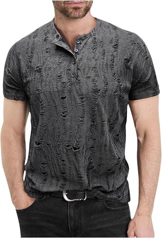 Mens Distressed Hole Henley Shirts Short Sleeve Shirts Hipster Hip Hop Tshirt Summer Tops Soft Cmofy Fashion Clothes in Saudi Arabia