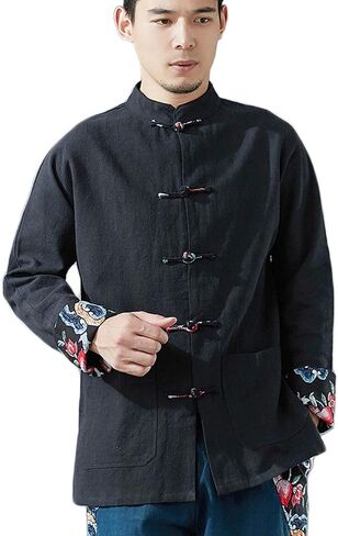 LUZU JUNU Men's Chinese Tang Suit Kung Fu Jacket Traditional Frog Button Shirt Casual Utility Travel with Pocket in Saudi Arabia
