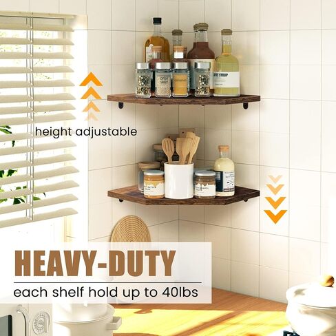 Fun Memories Corner Shelf Wall Mount, Floating Corner Shelves, Set of 2 Corner Wall Shelf Organizer, Rustic Wood Wall Storage Display Shelves for Living Room Bedroom Bathroom Kitchen, Rustic Brown | Organizer in Kuwait