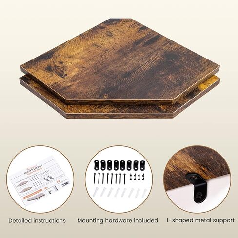 Fun Memories Corner Shelf Wall Mount, Floating Corner Shelves, Set of 2 Corner Wall Shelf Organizer, Rustic Wood Wall Storage Display Shelves for Living Room Bedroom Bathroom Kitchen, Rustic Brown | Organizer in Kuwait