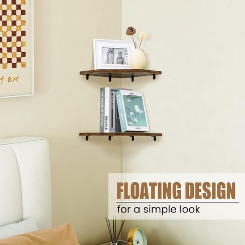 Fun Memories Corner Shelf Wall Mount, Floating Corner Shelves, Set of 2 Corner Wall Shelf Organizer, Rustic Wood Wall Storage Display Shelves for Living Room Bedroom Bathroom Kitchen, Rustic Brown | Organizer in Kuwait