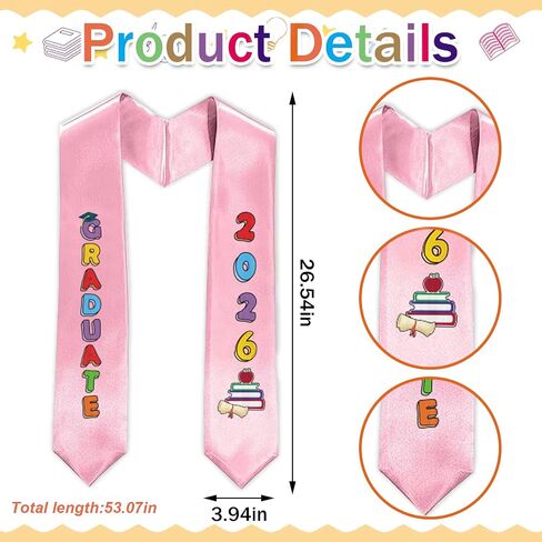 Estivaux Kindergarten 2026 Graduation Sash Preschool Printed Stole Congrats Grad Books Stole Decorations Class of 2026 Pink Satin Sash for Graduation Party Favor in Kuwait