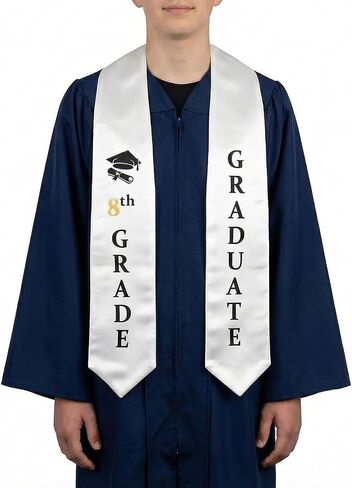 سرق التخرج للصف الثامن من GraduatePro - وشاح مقاس 60 بوصة لحفل التخرج من المدرسة المتوسطة باللون الأسود والأبيض والذهبي in Kuwait
