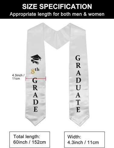 سرق التخرج للصف الثامن من GraduatePro - وشاح مقاس 60 بوصة لحفل التخرج من المدرسة المتوسطة باللون الأسود والأبيض والذهبي in Kuwait