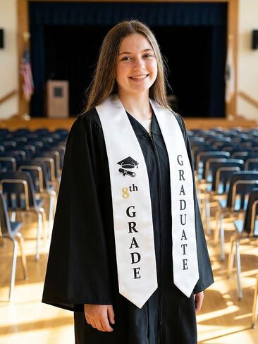 سرق التخرج للصف الثامن من GraduatePro - وشاح مقاس 60 بوصة لحفل التخرج من المدرسة المتوسطة باللون الأسود والأبيض والذهبي in Kuwait