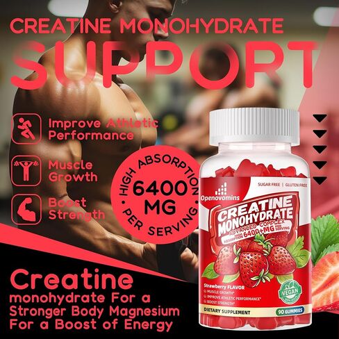 Creatine Monohydrate Gummies Complex for Men & Women -Advanced Formula W/L-Taurine + Vitamin B12, Sugar Free Chewable Supplement,90 Strawberry Gummies in Kuwait