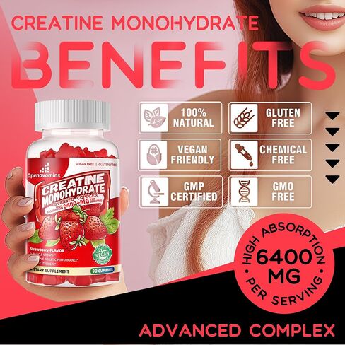 Creatine Monohydrate Gummies Complex for Men & Women -Advanced Formula W/L-Taurine + Vitamin B12, Sugar Free Chewable Supplement,90 Strawberry Gummies in Kuwait